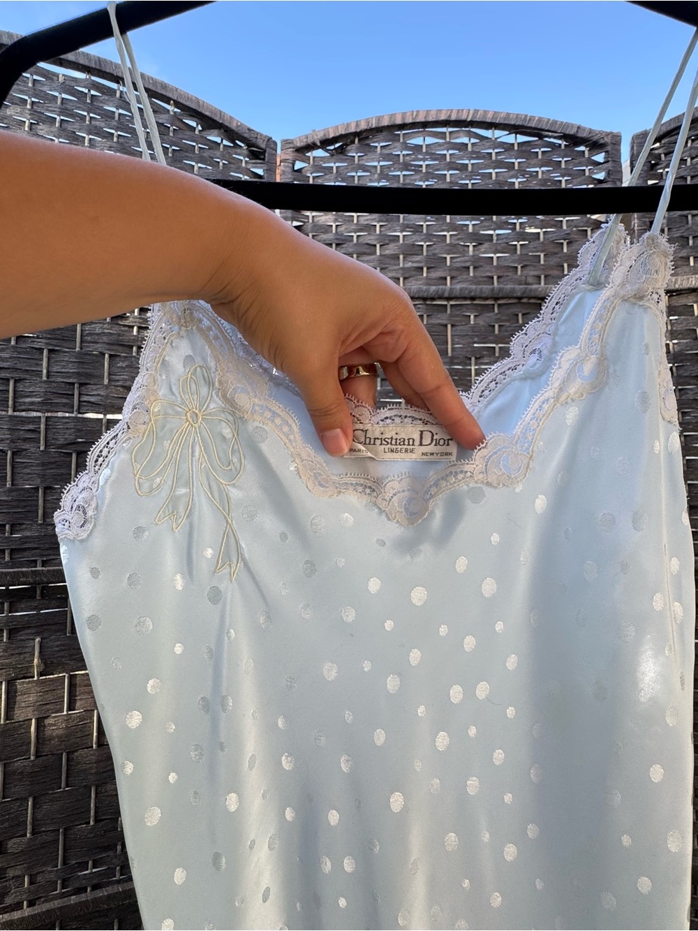 Dior Pale Blue Satin Polka Dot Slip with Lace Trim